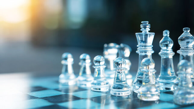 Transparent glass chess pieces arranged on a chess board, depicting strategic thinking, challenges, and success in business