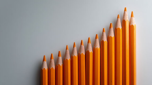 A row of sharpened orange pencils arranged in ascending order by height against a clean grey background symbolizing growth and progression concepts