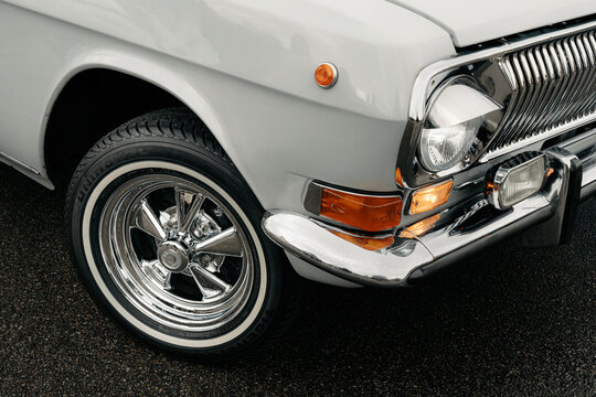 Front Detail of Classic White Car at KyivCarFest in Kyiv, Ukraine