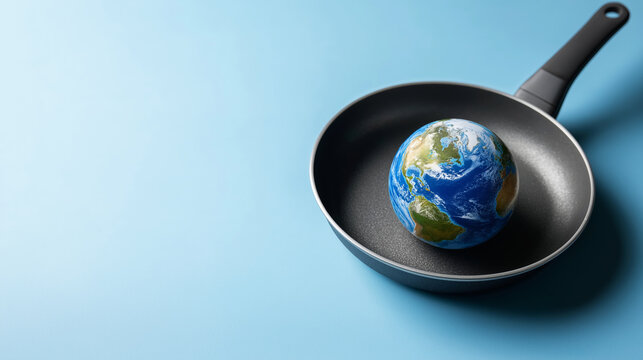Planet Earth model resting inside a frying pan. Representing concepts of environmental crisis, global warming, and humanity's impact