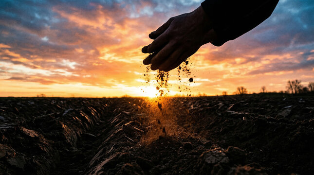 Close up silhouette of an agricultural farmer's hands gently sifting and dropping rich dark dry soil over a ploughed farm field against a spectacularly brilliant glowing golden evening sunset