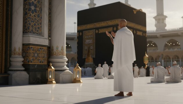 Muslim pilgrim wearing white ihram stands in prayer facing holy Kaaba at Masjid al Haram in Mecca Saudi Arabia during sacred pilgrimage ritual