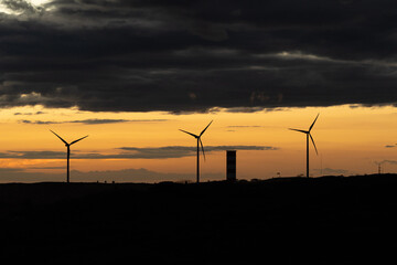 Obraz premium Wind energy turbines creating silhouette against colorful sunset sky