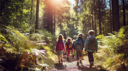 Fototapeta premium Children hiking an outdoor forest trail with backpacks, enjoying a summer adventure and nature exploration