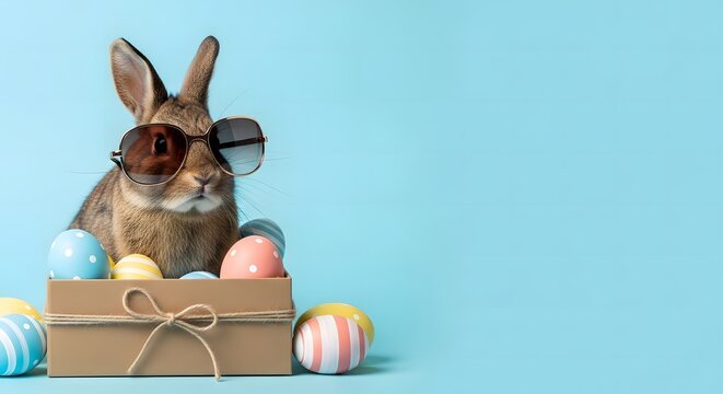 Easter bunny wearing sunglasses sitting in a gift box with Easter colorful eggs.