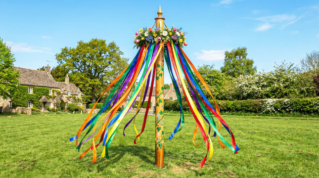 Maypole with colorful streamers in vibrant outdoor setting surrounded by lush greenery and blooming flowers. Maypole celebration features bright ribbons swaying in the breeze