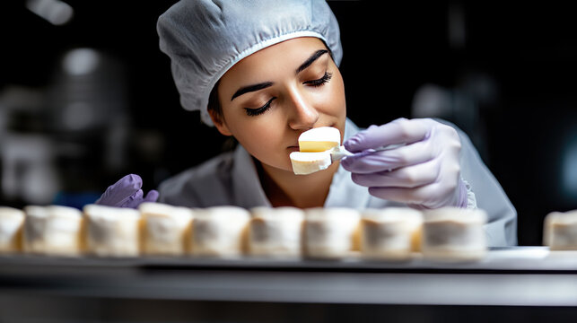 Food technologist examining fresh dairy product quality. Assessing aroma and texture during cheese production process in a hygienic regulated factory environment