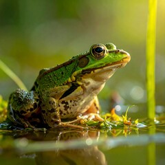Fototapeta premium A vibrant, close-up captures a green frog perched near the water's edge, bathed in sunlight with a blurred background