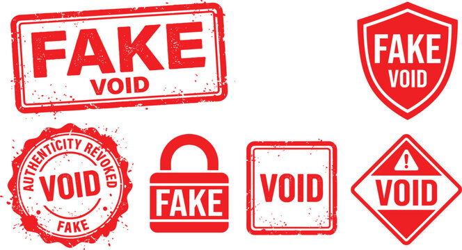 Red Grunge Fake and Void Rubber Stamp Collection Set for Authentication Revoked Document Validation Security Warning and Fraudulent Certificate Marking