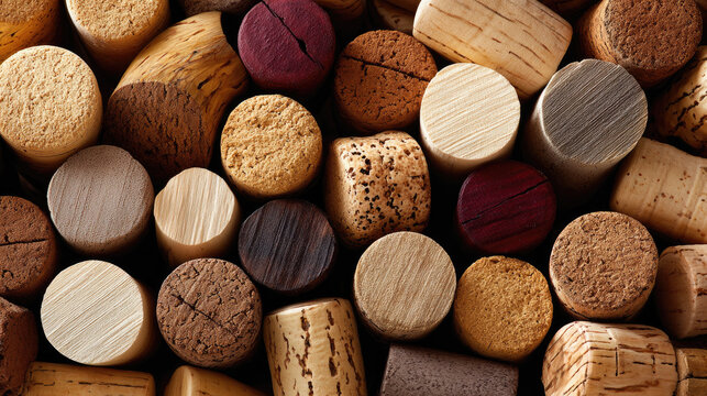 Wine corks textured background showing a varied collection of natural stoppers with wood tones and wine stained hues, ideal for celebration, recycling and rustic design themes