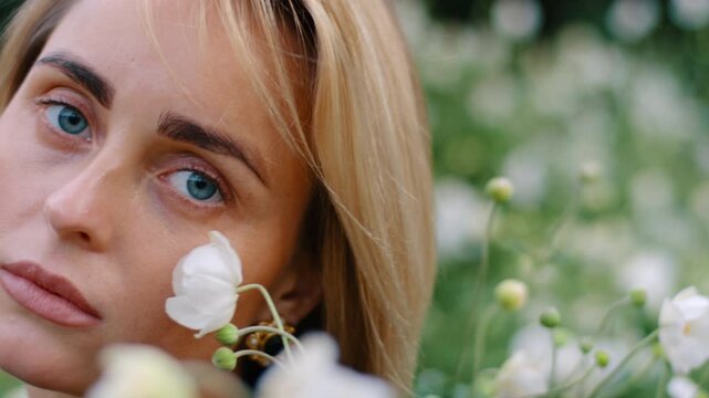 Face of a blue-eyed blonde woman smelling flowers. Close up. Lady in spring outdoors against blooming blurred backdrop.