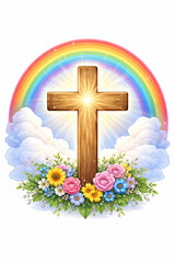 Wooden cross with rainbow, glowing light and colorful flowers, uplifting spiritual scene with hope and faith symbolism