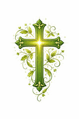 Green ornamental cross with leaves and vines, nature inspired spiritual design symbolizing growth and life.