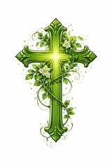 Green ornamental cross with leaves and vines, nature inspired spiritual design symbolizing growth and life.