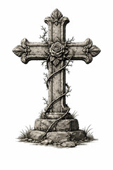 Old stone cross with rose and thorns, detailed vintage religious illustration with symbolic meaning of sacrifice.