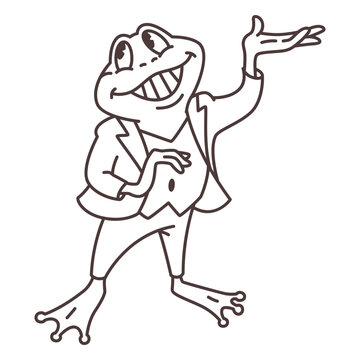 Black and white drawing of a frog in a suit