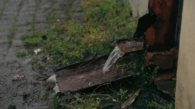 Rainwater flowing from rusted downspout