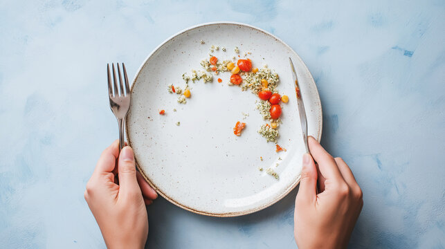 Hands holding plate with small portion of quinoa, tomatoes and chickpeas, representing healthy eating and portion control