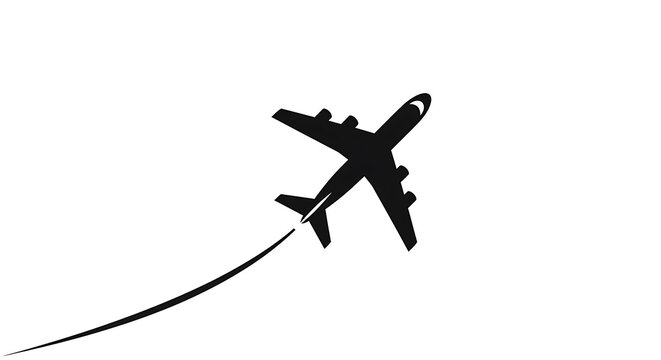 Airplane flying silhouette, vector travel icon on white background
