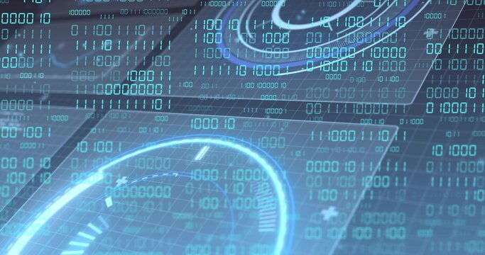 Displaying central glowing gauge pulsing across virtual HUD, with binary digits and wireframe grid