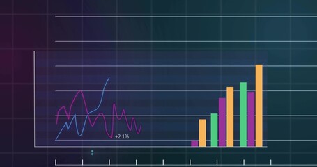 Fototapeta premium Displaying rectangular chart center screen, showing blue magenta lines, grouped colored bars, +2