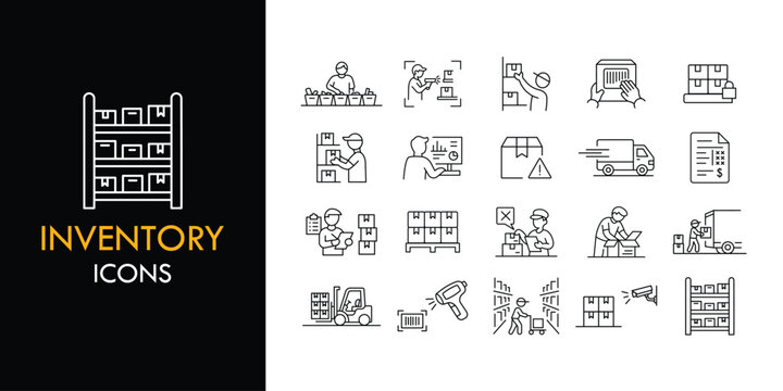 Inventory line icon set, outline web icon collection containing Warehouse, Barcode, Stock and more, vector illustration in line style