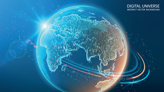 Dark blue vector background. Planet Earth. Abstract technological rings in the orbit of the planet. Global communication system and communication satellites. Religious image. The effect of movement.