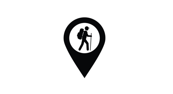 Black map marker icon featuring a hiker with backpack silhouette