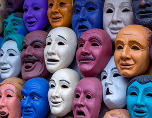Obraz premium Closeup of colorful clay masks and faces with visible texture and sculpted forms, expressing different emotions.