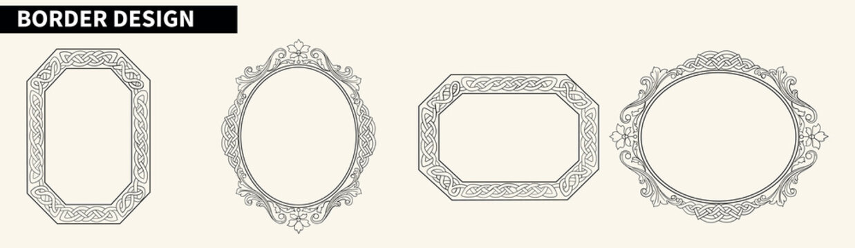 Set of four decorative border designs featuring celtic knot patterns and baroque floral filigree elements.