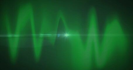 Naklejka premium Glowing neon-green waveform pulsing across dark backdrop, with central white-green starburst flare