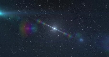 Cutting meteor with core streaking across open night sky, with rainbow halos, lens flares and stars © vectorfusionart