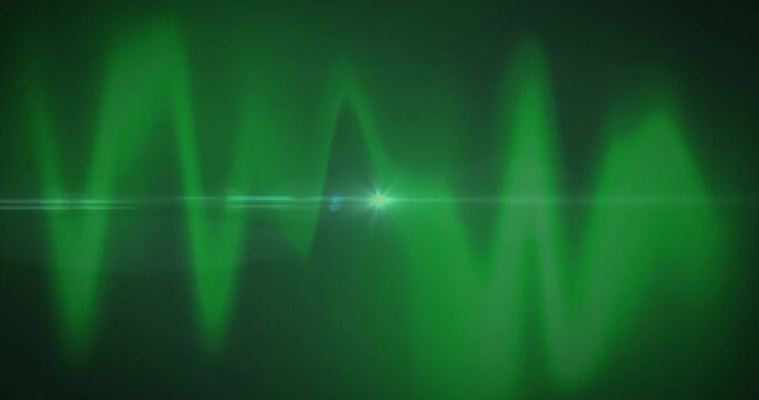Glowing neon-green waveform pulsing across dark backdrop, with central white-green starburst flare