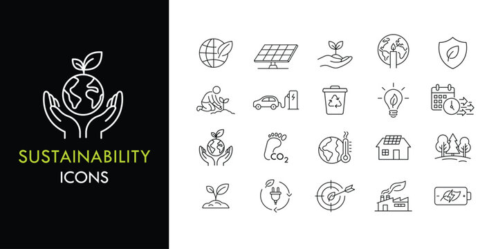 Sustainability line icon set, outline web icon collection containing Leaf, Earth, Recycling and more, vector illustration in line style
