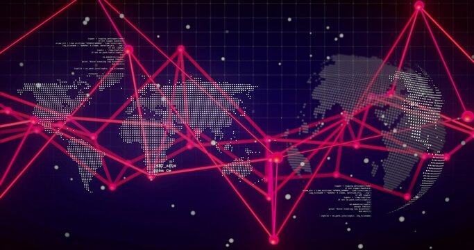 Displaying stylized dotted world map and magenta connecting lines with nodes in virtual dashboard