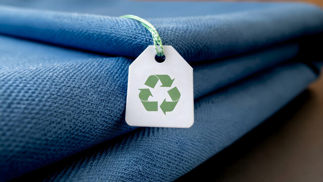 Close up of folded soft blue eco-friendly fabric with a white tag showing a green recycling symbol attached by green string, representing sustainable textiles and circular economy.