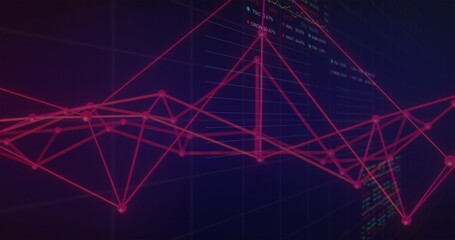 Fototapeta premium Flowing magenta wireframe forming peaks and troughs on grid dashboard, showing glowing nodes