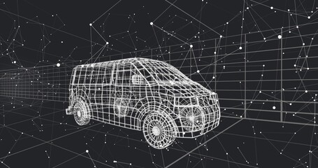 Obraz premium Displaying white wireframe passenger van sitting in virtual 3D space, with grid plane