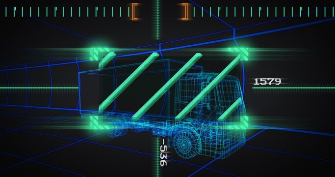 Displaying neon-blue wireframe semi-truck model rotating inside HUD, with green diagonal bars