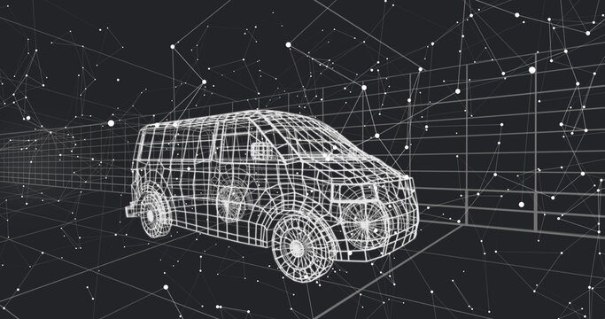 Displaying white wireframe passenger van sitting in virtual 3D space, with grid plane