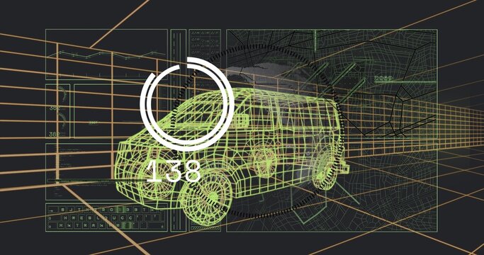 Rendering neon-green wireframe van model rotating in virtual CAD workspace, with HUD 138, grids