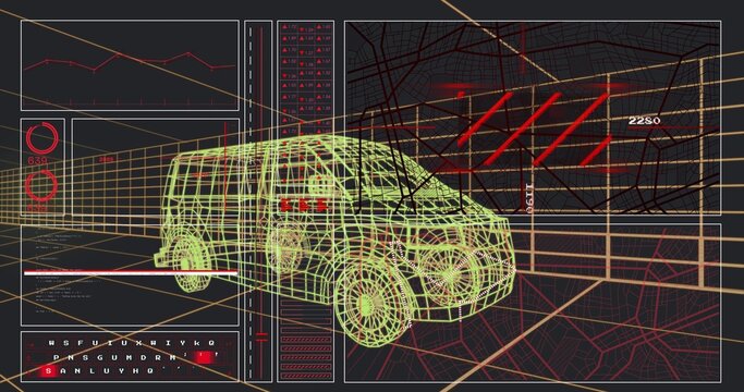Displaying neon lime yellow wireframe van occupying center of virtual 3D studio, with HUD panels