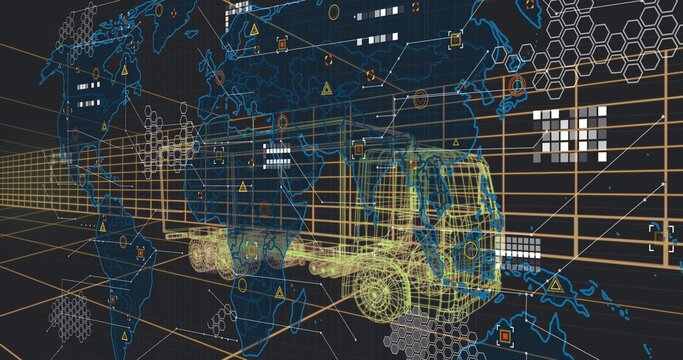 Rendering yellow-green wireframe semi-truck and trailer moving on virtual map with gridlines, nodes