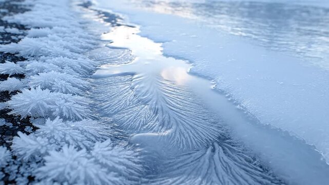 Intricate Ice Crystal Patterns Formed Along Frozen Shoreline During Cold Winter Day With Reflective Surface Detail