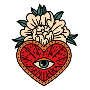 All seeing eye in a heart with a flower
