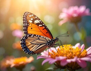 Naklejka premium A vibrant butterfly with orange and black wings delicately rests upon a pink and yellow flower, bathed in sunlight