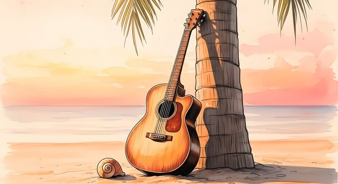 Acoustic guitar leaning against a palm tree on a sandy beach at sunset with seashell