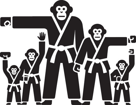 4 monkeys in martial arts uniforms vector illustration for black belt and monkey