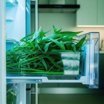 Fresh Green Vegetables Stored In A Refrigerator Crisper Drawer