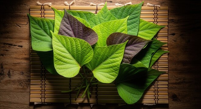 Fresh Green And Purple Leaves Arranged Artfully On A Rustic Wooden Surface